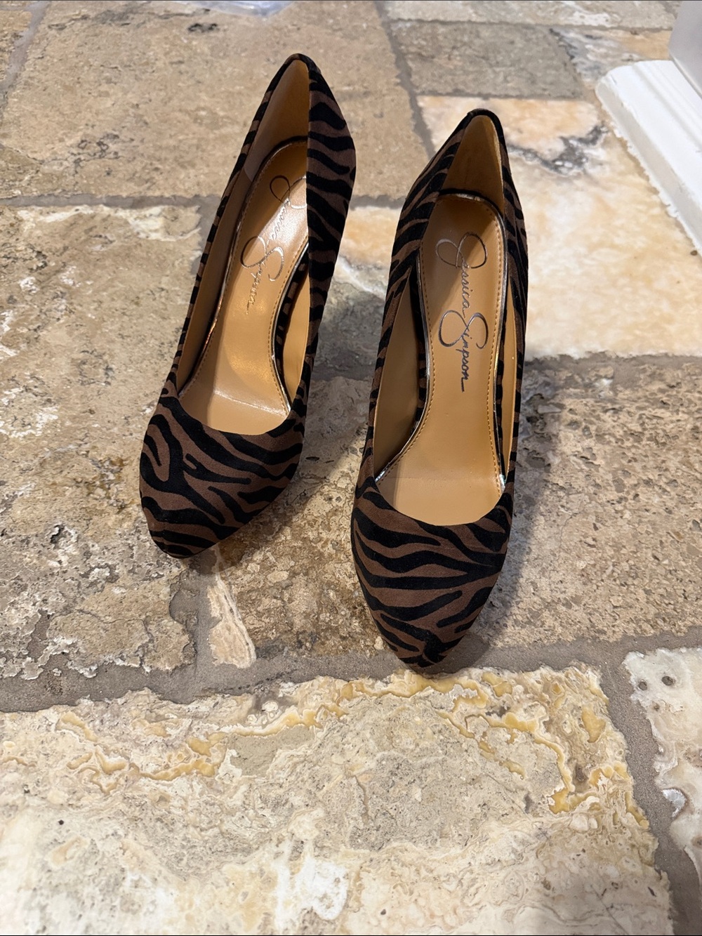 Jessica Simpson Brown and Black Zebra-Print Pointed Pumps
